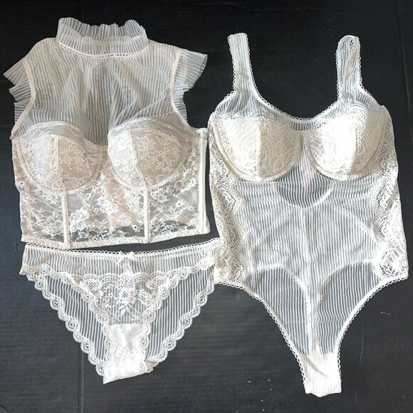 Victoria's Secret High-neck 36C BRA SET+TEDDY Tutu Mesh COCONUT white ivory Lace
